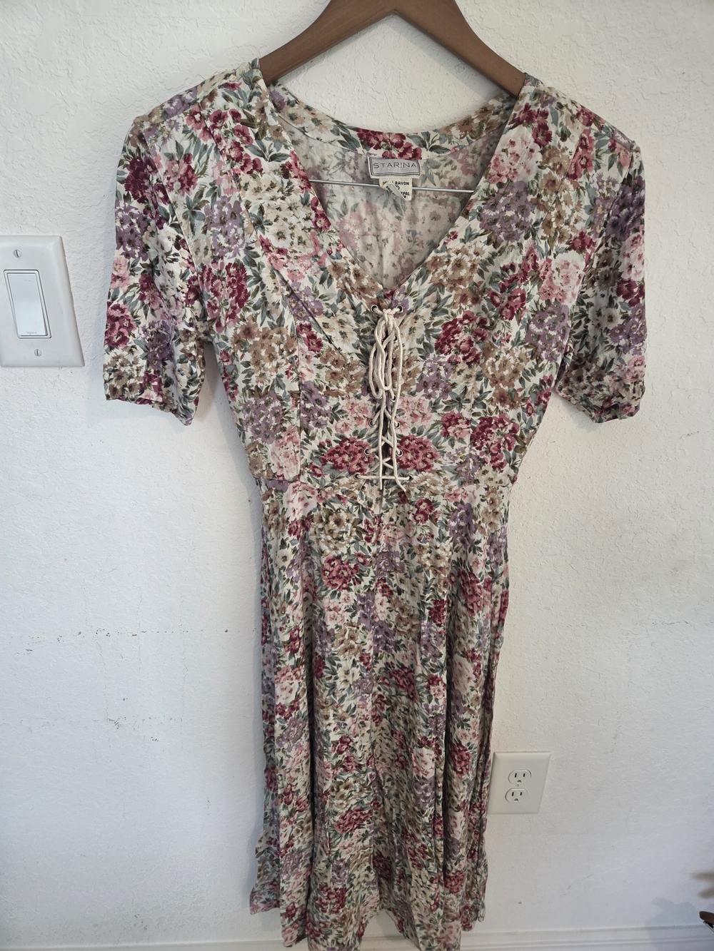 Starina VTG S Floral Lace Up Corset Midi Dress Rayon Made in Nepal Cottagecore